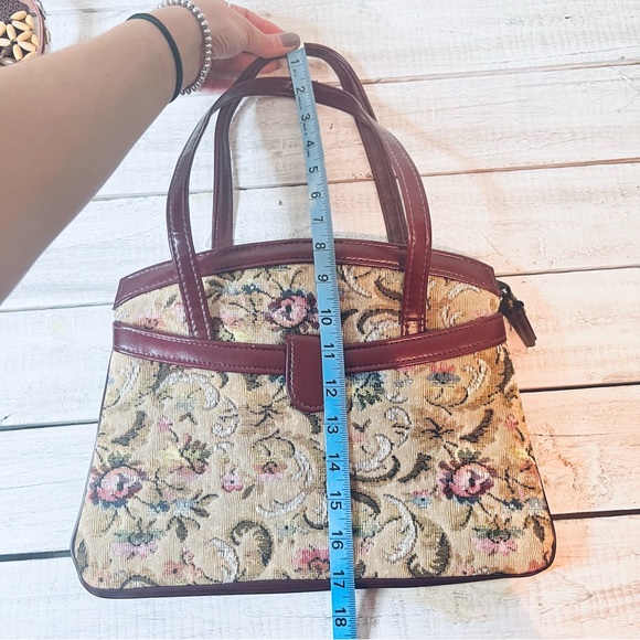 VTG CARPET HANDBAG CANVAS FLORAL RED LEATHER - Picture 10 of 12